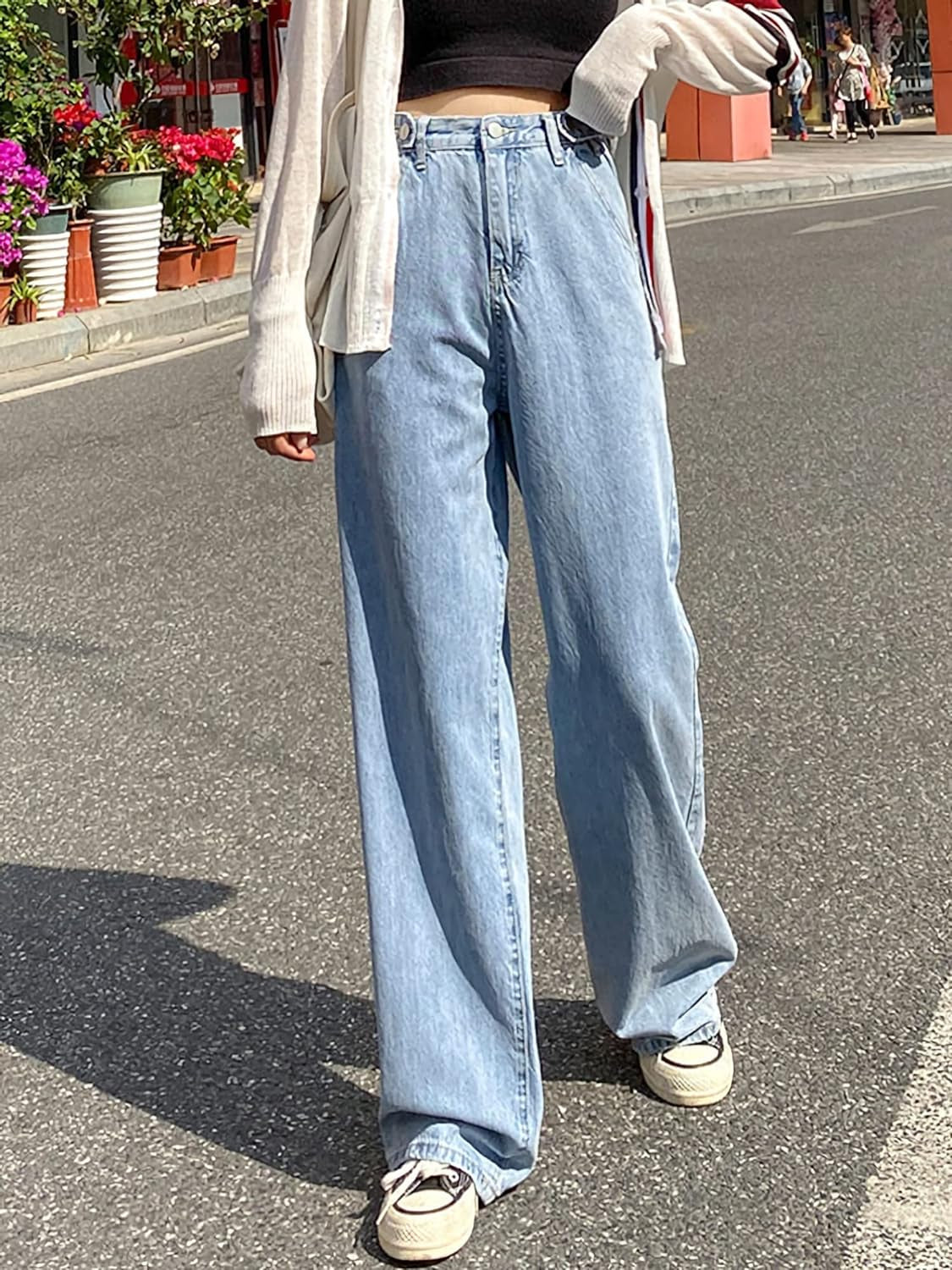 Women'S Baggy Boyfriend Jeans High Waist Distressed Denim Pants Wide Leg Straight Trousers Streetwear Pants